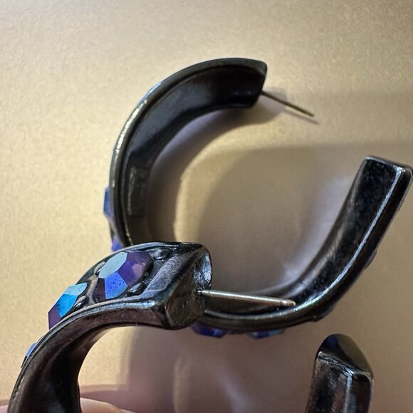 YSL Vintage Aurora Borealis Curved Hoop Earrings Crystal Rhinestone Signed 80s - Picture 16 of 16